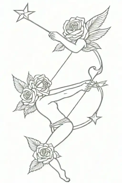 Roses, stars, cupid shooting arrow tattoo design idea