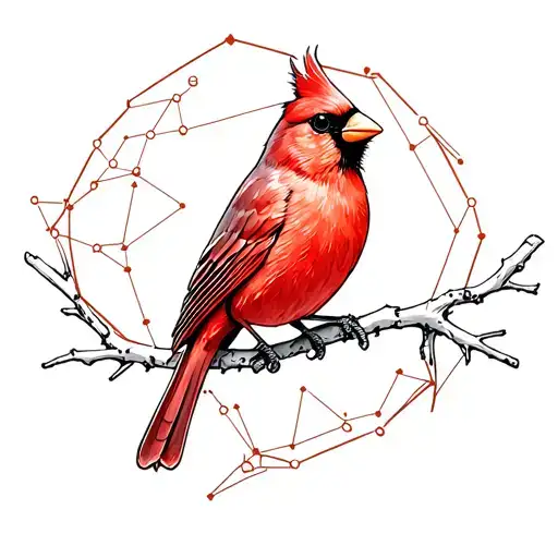 red cardinal bird sitting on a branch that is shaped like the Pisces constellation tattoo design idea