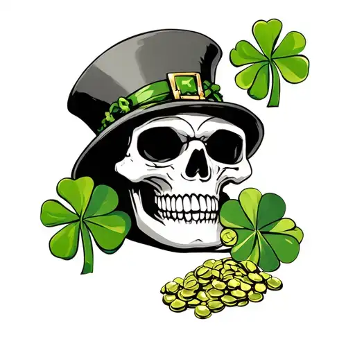 leprechaun skull, pot of gold, four leaf clover tattoo design idea