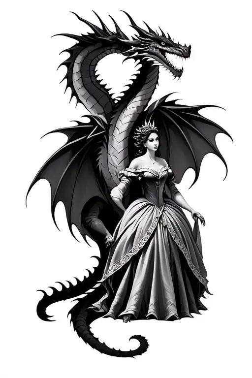 Dark dragon tattoo with shadowed scales protecting a princess with detailed dress, realistic style black tattoo design idea