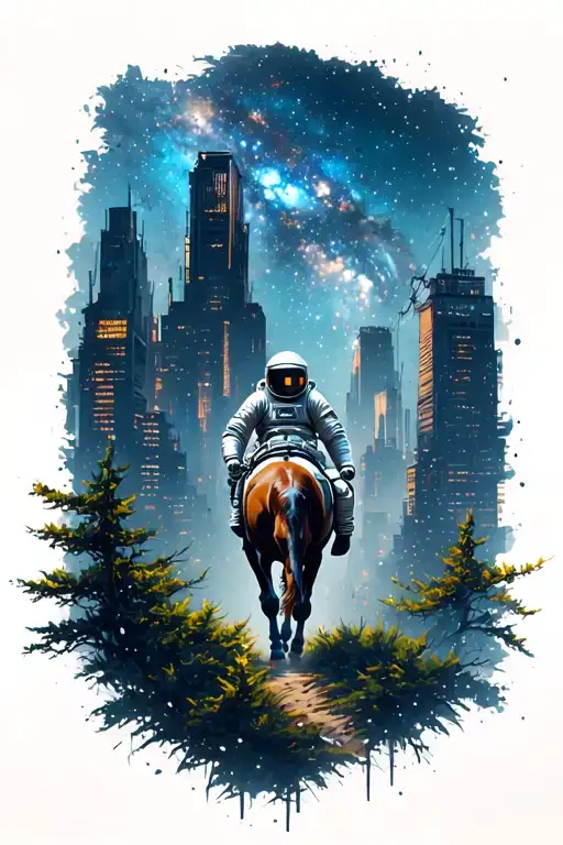 astronaut leading a horse through an abandoned metropolis with skyscrapers overgrown with trees under a starry cosmic sk tattoo design idea