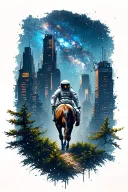 astronaut leading a horse through an abandoned metropolis with skyscrapers overgrown with trees under a starry cosmic sk tattoo design idea