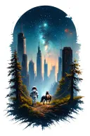 astronaut leading a horse through an abandoned metropolis with skyscrapers overgrown with trees under a starry cosmic sk tattoo design idea