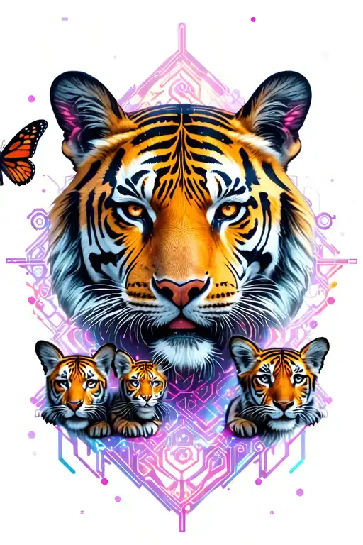 father tiger with 2 cubs and 2 butterflys souronding tattoo design idea