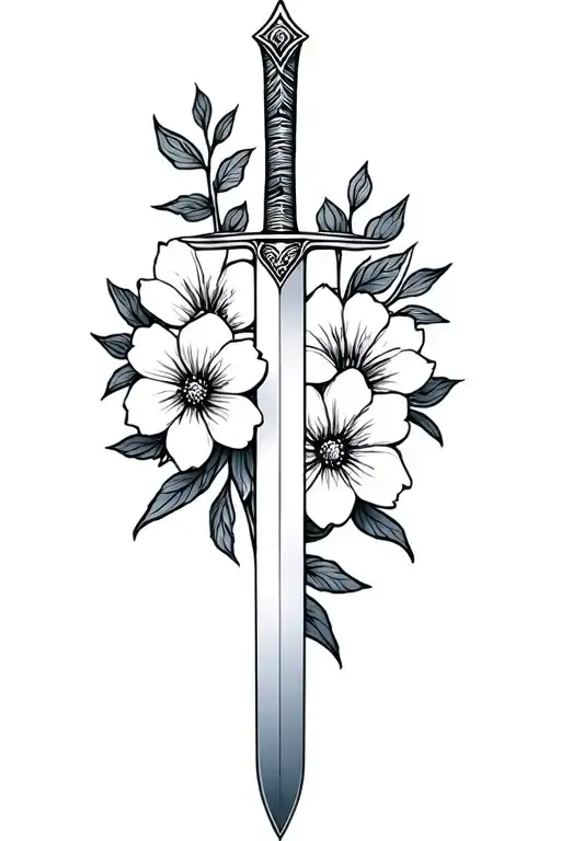 sword and flowers fineline tattoo design idea
