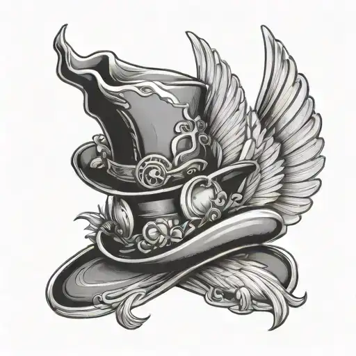 magician hat with rabit ears and wings flying tattoo design idea