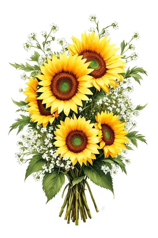 a bouquet of sunflowers with gypsophila tattoo design idea