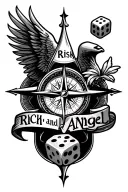 a tattoo sleeve from the elbow downwards with compass and dice where it says risk rich and angels  tattoo design idea