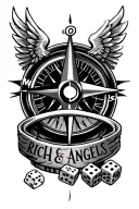 a tattoo sleeve from the elbow downwards with compass and dice where it says risk rich and angels  tattoo design idea