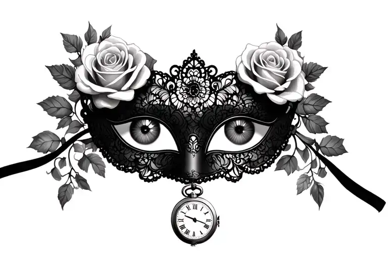 Venetian lace eye mask with roses and pocket watch tattoo design idea