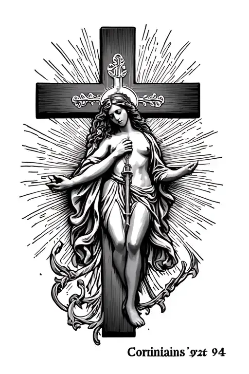 cross, virgin marry and text saying Corinthians 9:24 tattoo design idea