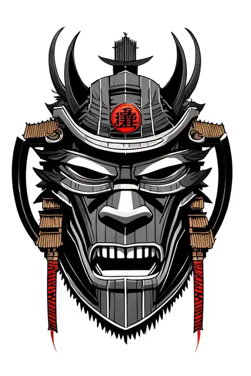 samurai mask from ghost of tsushima with japanese style buildings in the background about the mask  tattoo design idea