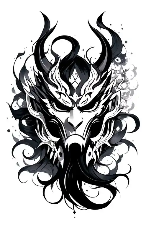 Suminagashi + Mascara Oni Mask tattoo design idea