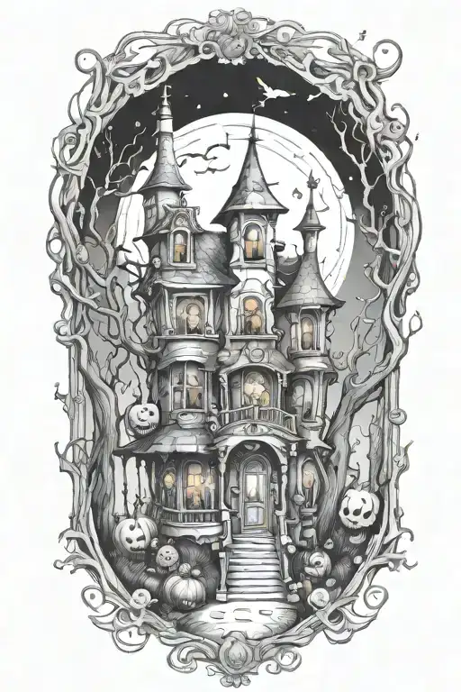 tim burton enchanted halloween house scene without pumpkins tattoo design idea