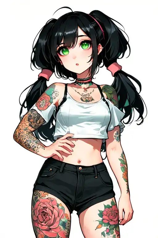 petit girl, small boobs, big ass, black hair, green eyes, short tattoo design idea