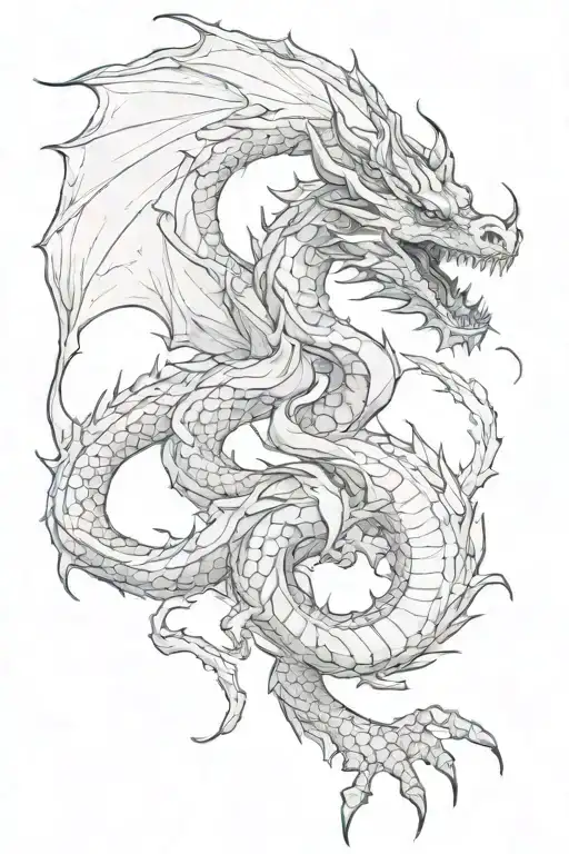 a black and white dragon going down the side of the body starting from the ribs all the way down to the knees tattoo design idea
