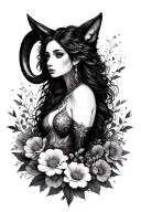 Aries sexy goddess surrounded by flowers and black wolf  tattoo design idea