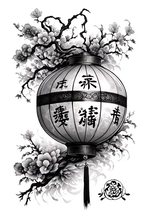 A black-grey tattoo of a minimalist Chinese lantern surrounded by intricate engravings of traditional Chinese patterns tattoo design idea