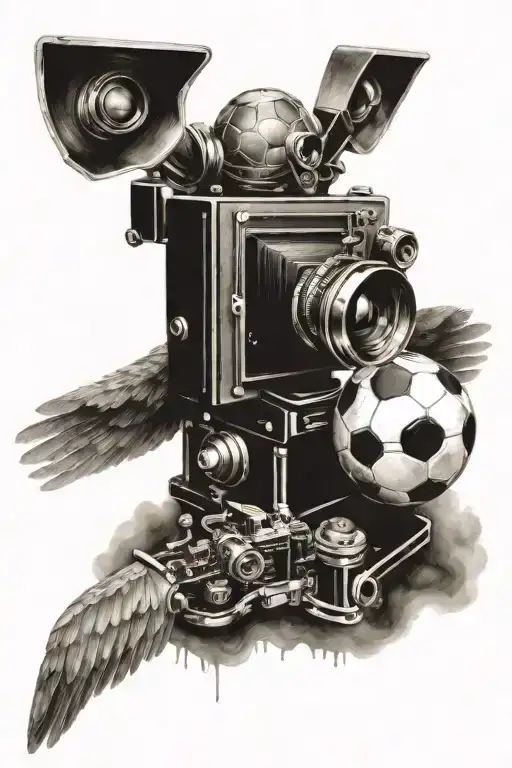 angel, movie camera, and soccer ball morphing tattoo design idea