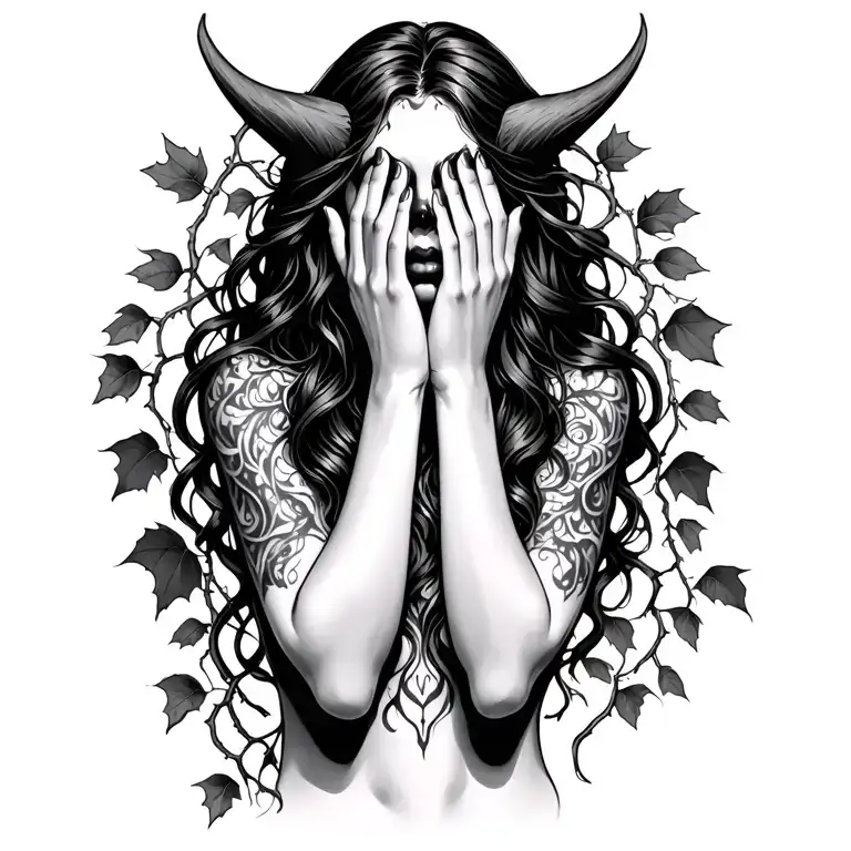 banshee covering her face with her hands with ivy vines in the background  tattoo design idea