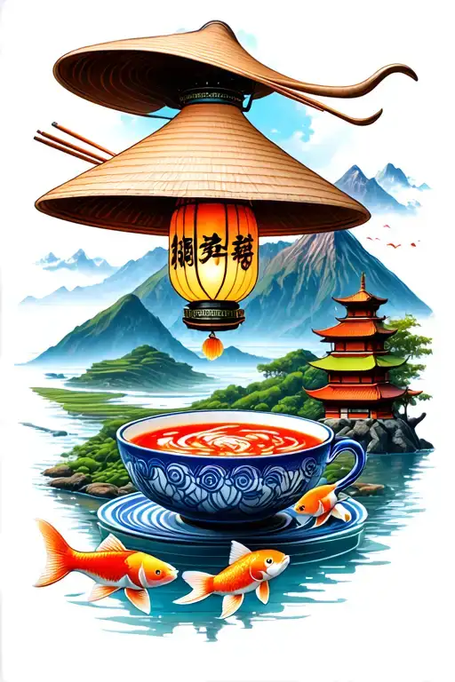 Conical hat (nón lá), lantern, rice terraces, mountain, pho soup, chopsticks, 2 koi fish, beach, starfish, pagoda/buddha tattoo design idea