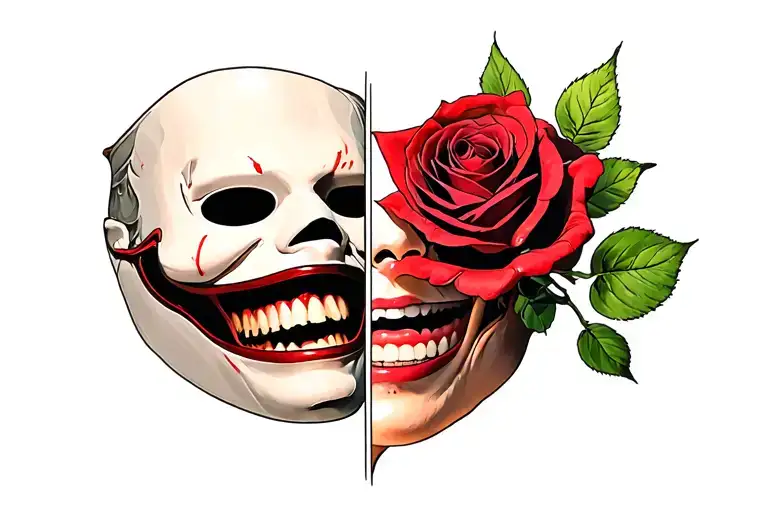 laugh now cry later but in between them like the middle is a dead rose that hangs at the top of the laugh mask but it lo tattoo design idea