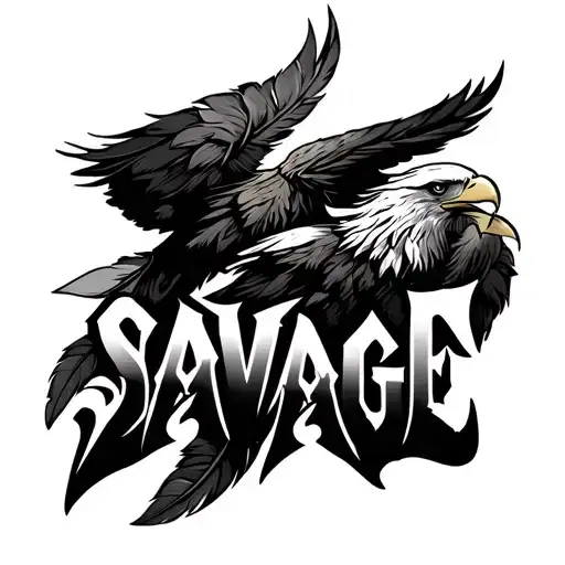 word SAVAGE with two single eagle feathers falling tattoo design idea