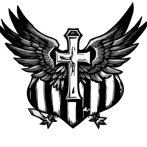 upper arm sleeve pauldron incorporating an American flag and then integrate a faith based cross on upper chest tattoo design idea