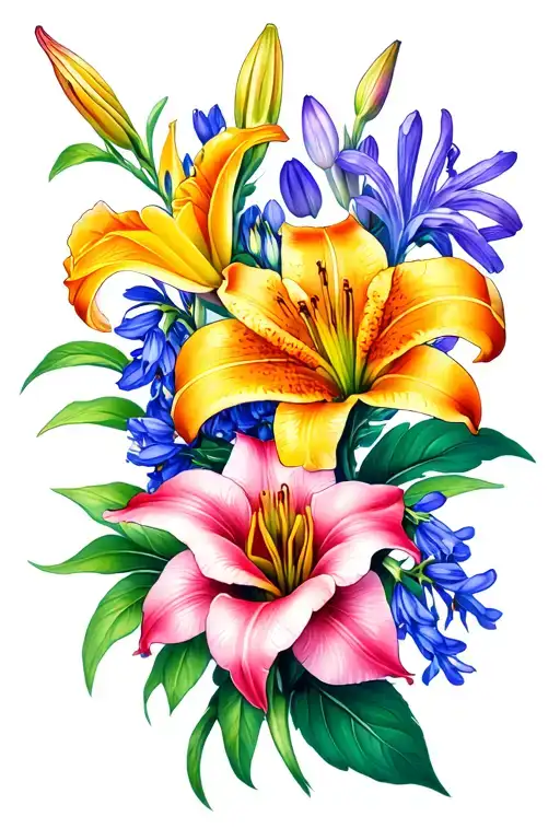 create a sleeve tattoo of a variety of different flowers; spiderlillies, roses, hyacinths, and more. one per species tattoo design idea