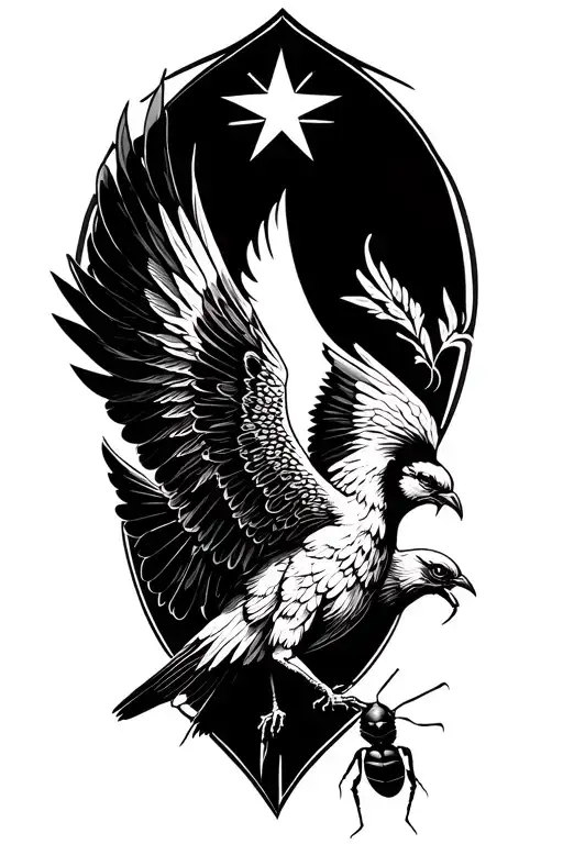 a phoenix flying under a philant star brings a leaf of lorium in its beak to a single ant tattoo design idea