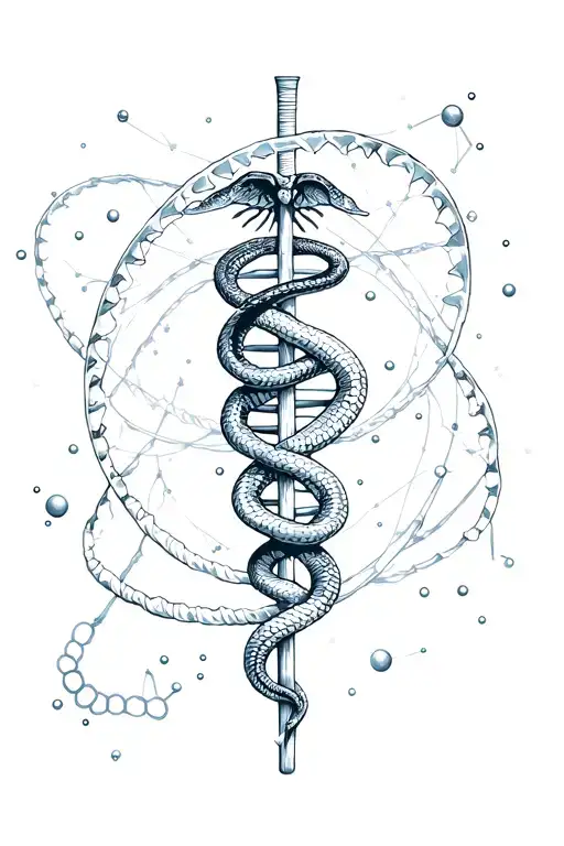 Staff of Asclepius with snake coiled around the staff inside a dna strand and atoms orbiting the dna strand tattoo design idea