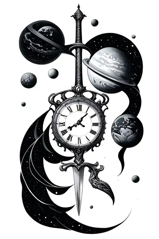 space, planets, time clock, sword tattoo design idea