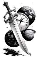 space, planets, time clock, sword tattoo design idea