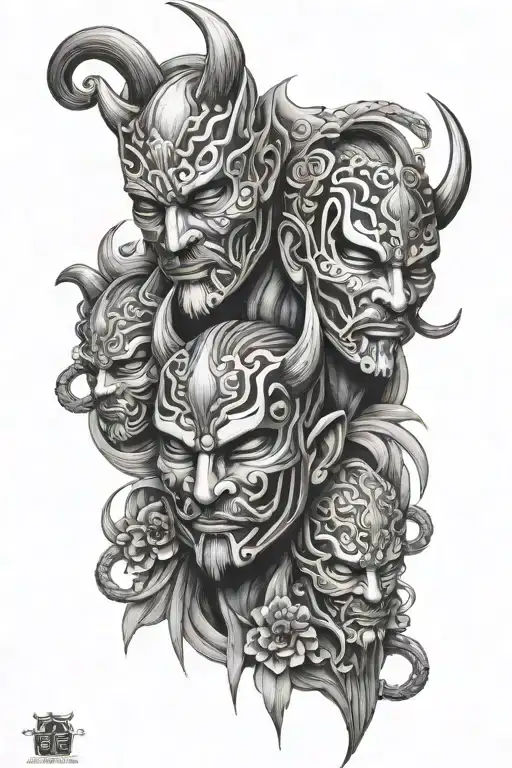 omerta tattoo with 3 oni masks on sleeve tattoo tattoo design idea