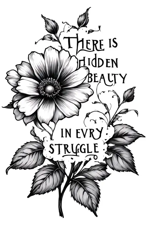 flower and writing "there is hidden beauty in every struggle" tattoo design idea
