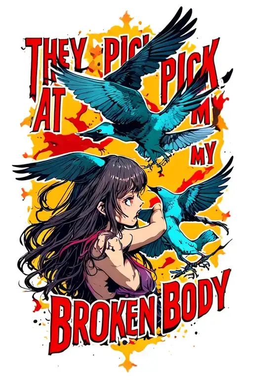 The text" They pick at my broken body" in a bold font and an image of birds attacking a girl tattoo design idea