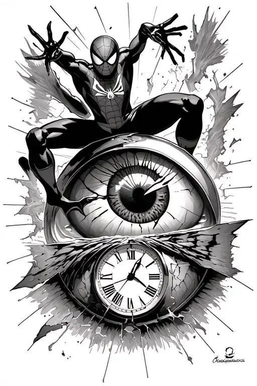 Thigh centerpiece: clock eye & broken time capsule. Above shin leap-of-faith Spider-Verse tat: Spider-Man saving Gwen. A tattoo design idea