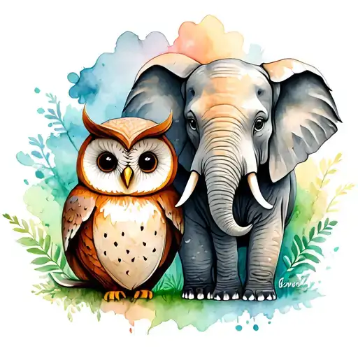 owl and elephant friends tattoo design idea