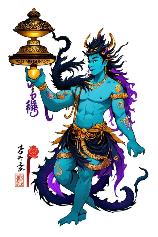 Blue-skinned genie holding black-and-purple pseudodragon, smoky tail down leg from golden lamp, banner says ‘For I hold tattoo design idea