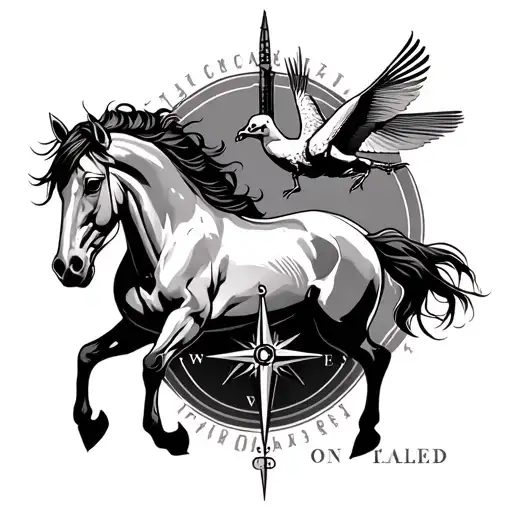 running horse, crane, grasshopper, compass tattoo design idea
