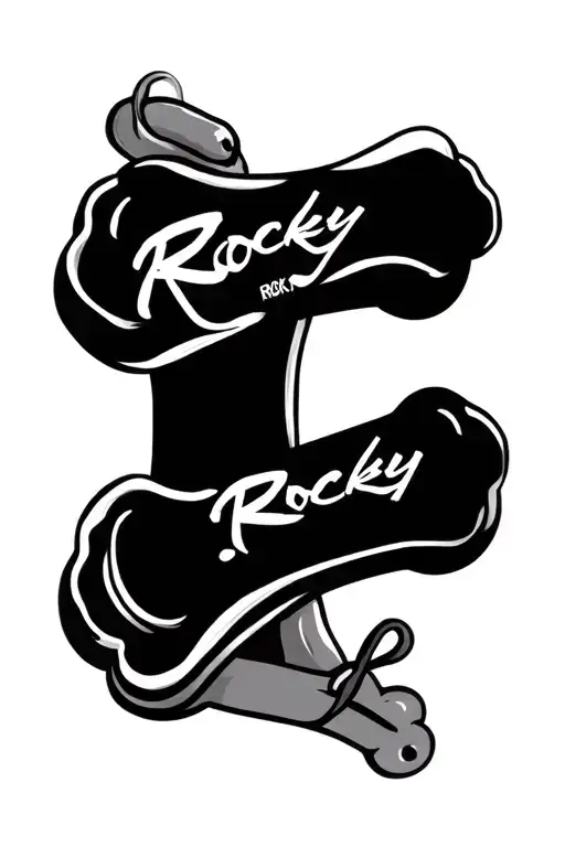 "Rocky Luca Rocky" dogbone with names written tattoo design idea