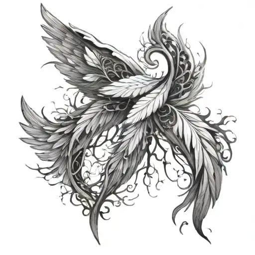 An abstract design of angel wings morphing into tree branches, symbolizing the client's connection to nature and spirituality tattoo design idea