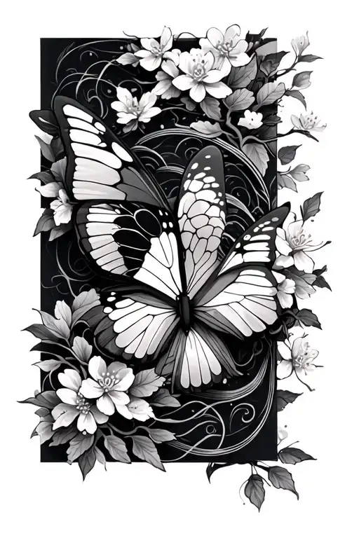 arm sleeve with butterflies, samurai, Japanese designs, and cherry blossoms tattoo design idea