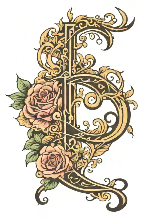  T in calligraphy as part of rosebud centrally overlaid on top tattoo design idea
