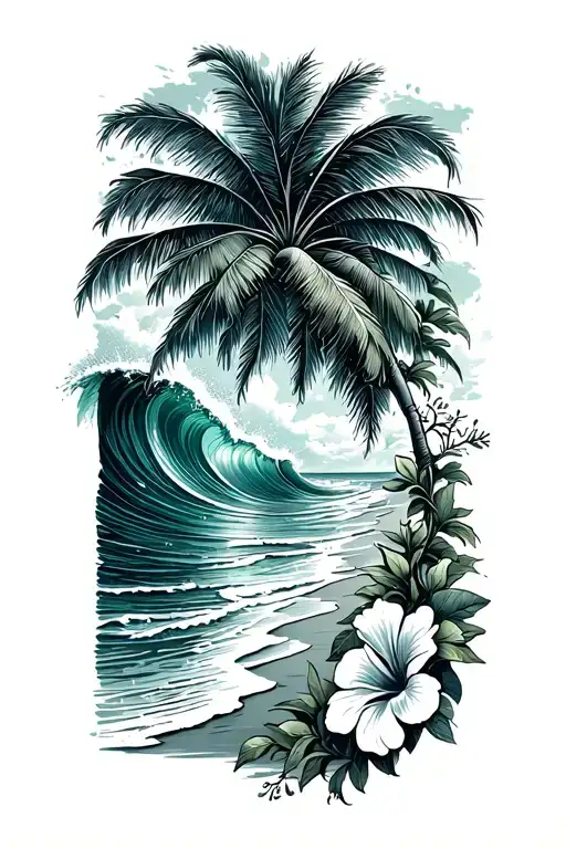 ocean waves crashing on beach with palm and with hibiscus vine on right tattoo design idea