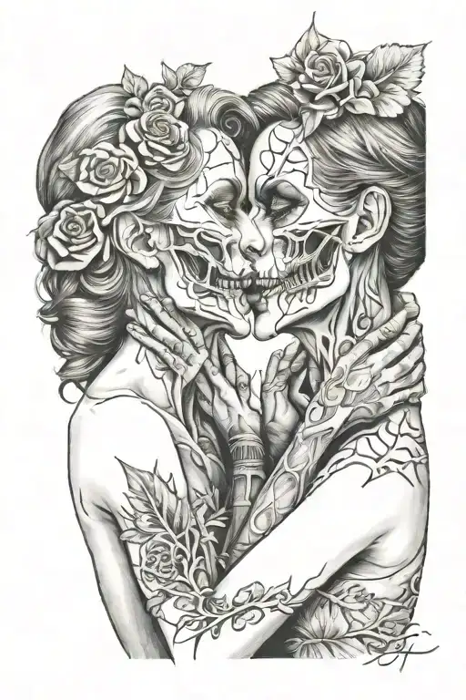 undead women kissing each other tattoo design idea