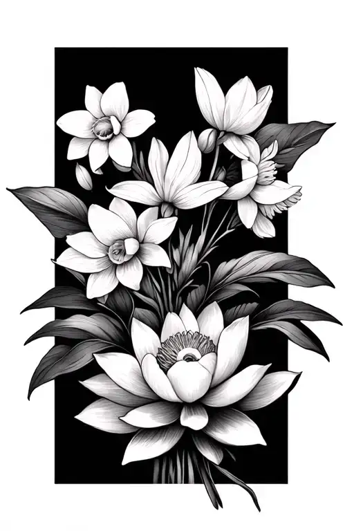 daffodil, cherry blossom and lotus flower bouquet tattoo design idea