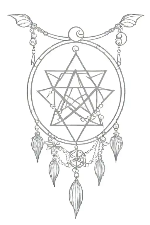 small triple moon goddess pentacle with lotus flower and hanging beads tattoo design idea