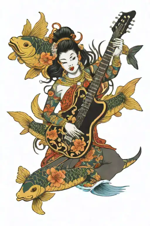 kali goddess with koi fish and guitar tattoo design idea