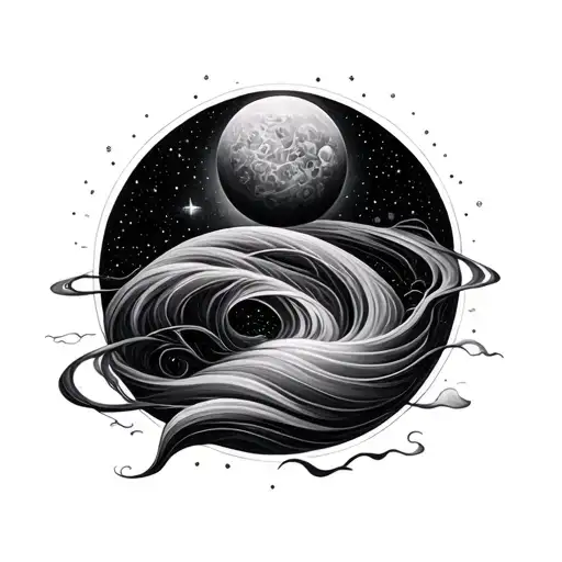 surreal cosmic illustration, serene, universal flow tattoo design idea